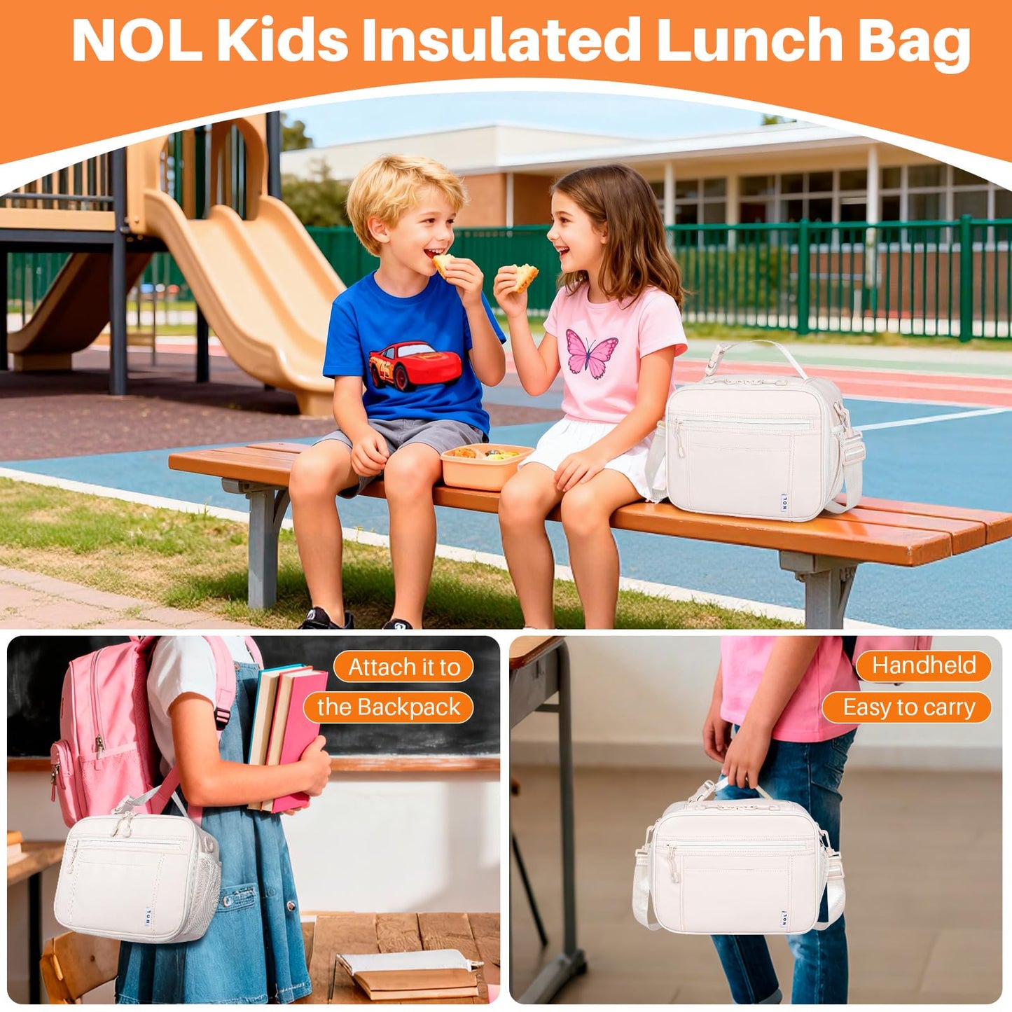 NOL Nylon Waterproof Kids Lunch Bag, Insulated Lunch Bag, Lunch box Cooler, Reusable, Zip Closure with Buckle Handle Holds Lunch Box, Snacks & Water Bottle for School Work, Cream