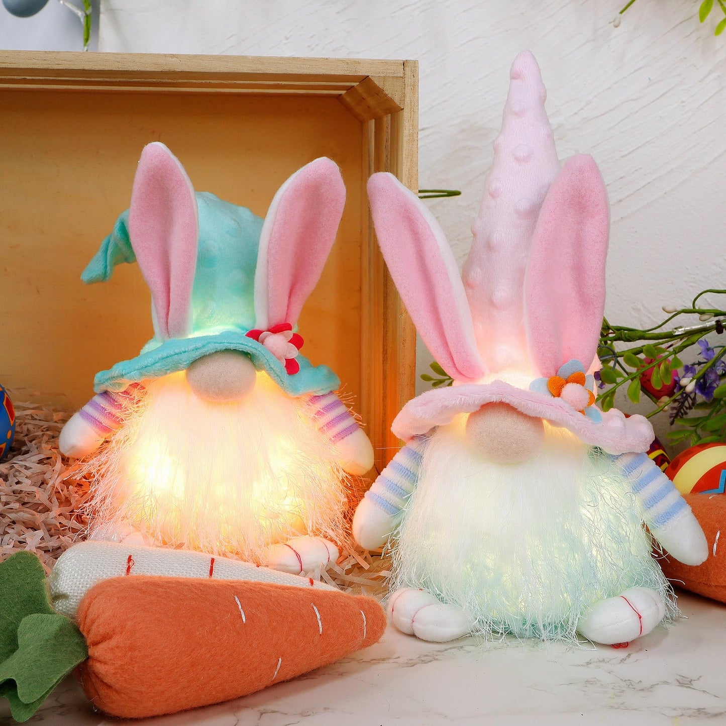 Juegoal 2 Pack Lighted Bunny Easter Gnome, 11" Handmade Scandinavian Swedish Tomte, Light Up Elf Easter Present, Battery Operated Rabbit Gifts Spring Tabletop Holiday Decorations