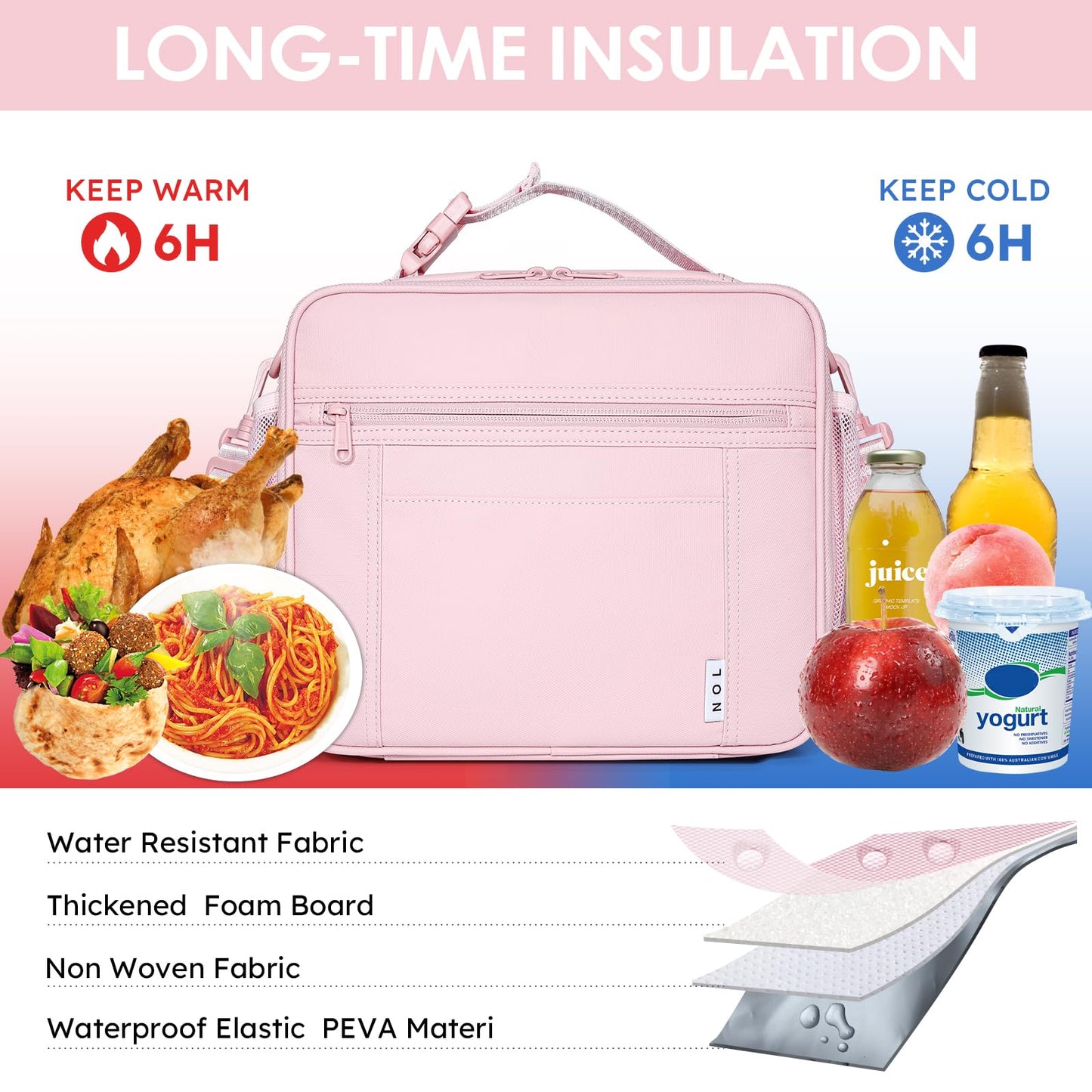 NOL Nylon Waterproof Kids Lunch Bag, Insulated Lunch Bag, Lunch box Cooler, Reusable, Zip Closure with Buckle Handle Holds Lunch Box, Snacks & Water Bottle for School Work, Cream