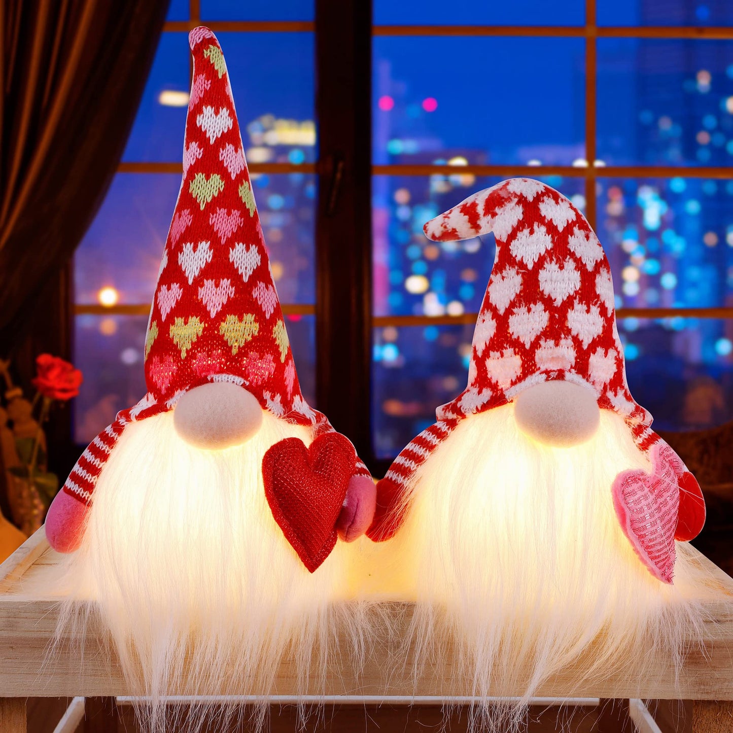 Juegoal 2 Pack Lighted Bunny Easter Gnome, 11" Handmade Scandinavian Swedish Tomte, Light Up Elf Easter Present, Battery Operated Rabbit Gifts Spring Tabletop Holiday Decorations