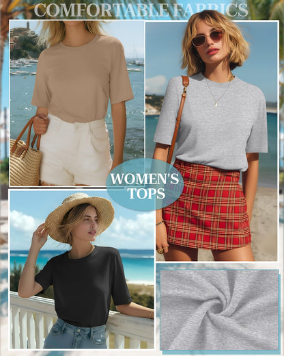 4 Pack Women's Half Sleeve T Shirts 1/2 Sleeve Basic Crew Neck Tops Elbow Length Casual Loose Fit Summer Tees