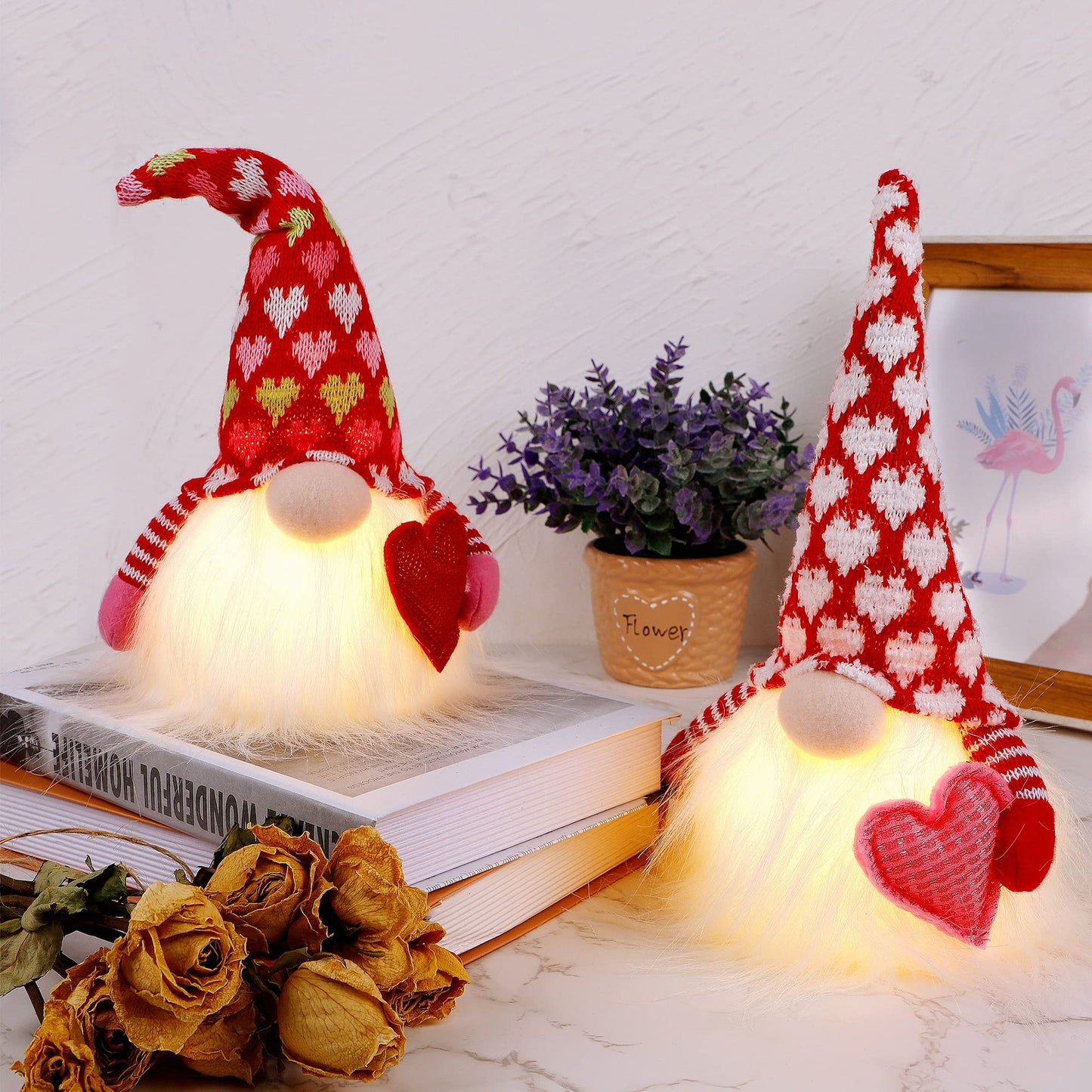 Juegoal 2 Pack Lighted Bunny Easter Gnome, 11" Handmade Scandinavian Swedish Tomte, Light Up Elf Easter Present, Battery Operated Rabbit Gifts Spring Tabletop Holiday Decorations