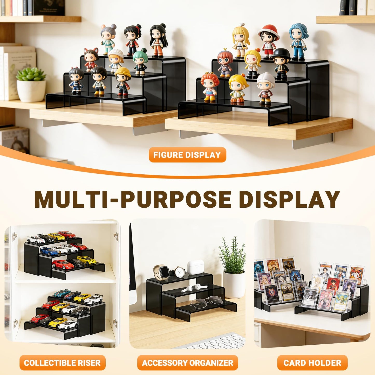 FUNFERY Acrylic Display Risers,2 Sets(7.8" L~8.2" L~8.6" L) Display Stand Shelf for Figure,Collectibles,Cupcake,Clear Acrylic Risers for Displays Case Cabinet,Dessert Table,Shelf Riser for Decor,Food