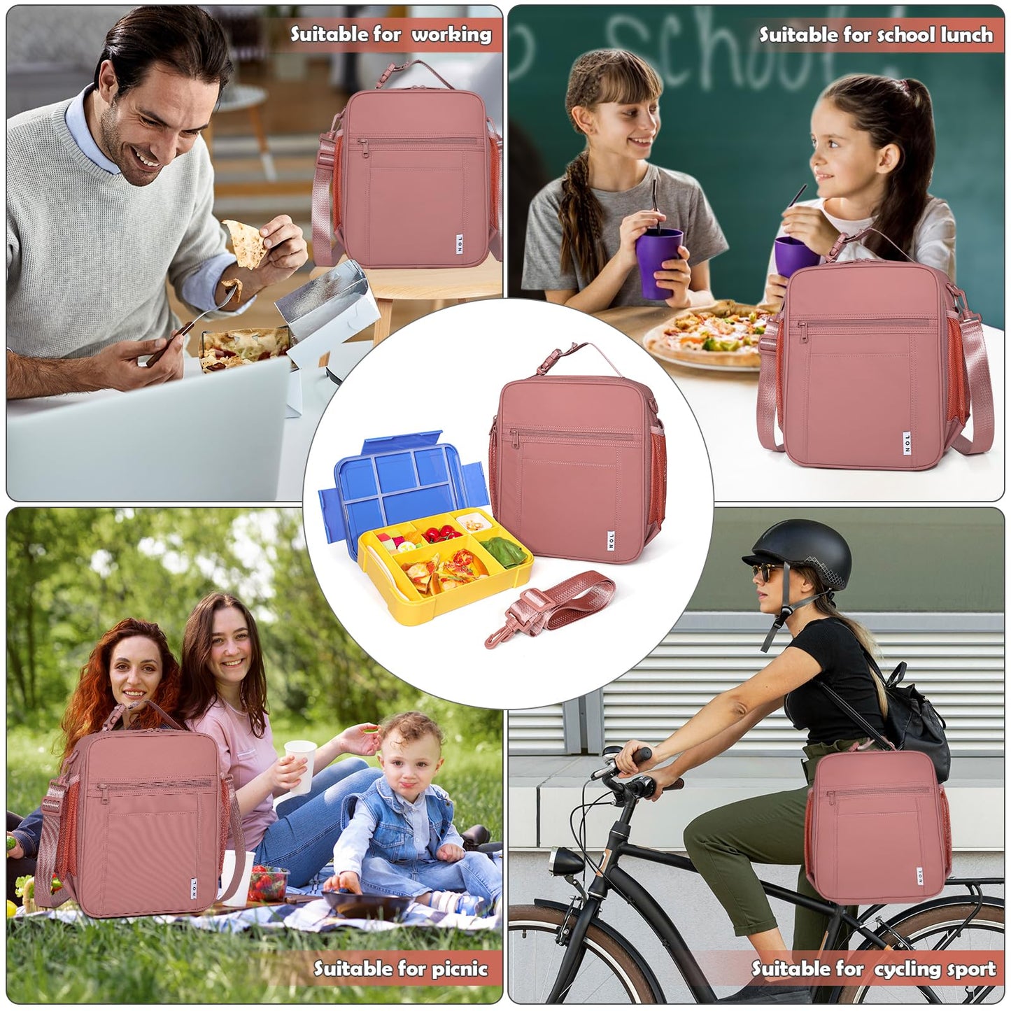 NOL Nylon Waterproof Kids Lunch Bag, Insulated Lunch Bag, Lunch box Cooler, Reusable, Zip Closure with Buckle Handle Holds Lunch Box, Snacks & Water Bottle for School Work, Cream