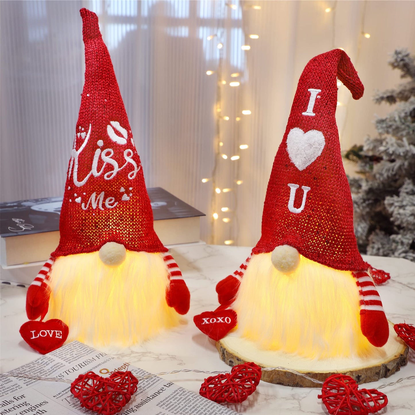 Juegoal 2 Pack Lighted Bunny Easter Gnome, 11" Handmade Scandinavian Swedish Tomte, Light Up Elf Easter Present, Battery Operated Rabbit Gifts Spring Tabletop Holiday Decorations