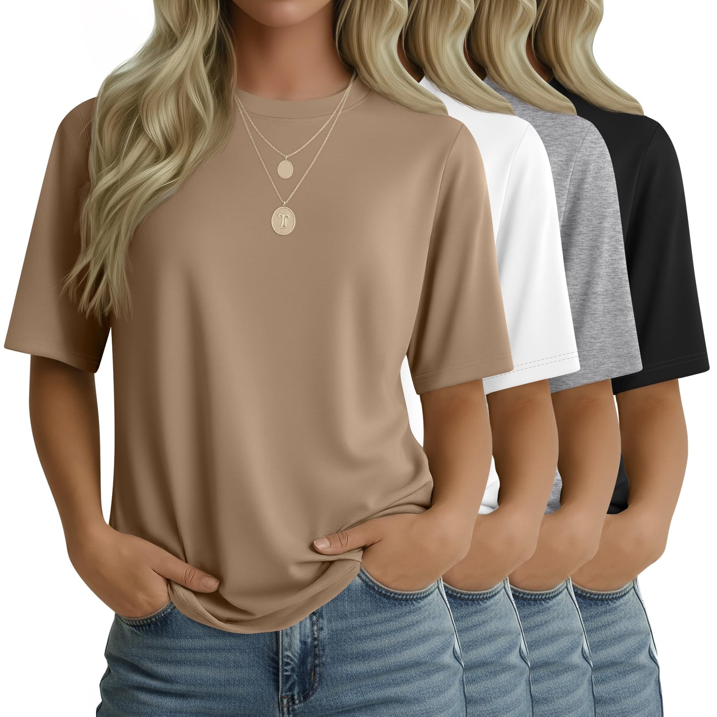 4 Pack Women's Half Sleeve T Shirts 1/2 Sleeve Basic Crew Neck Tops Elbow Length Casual Loose Fit Summer Tees
