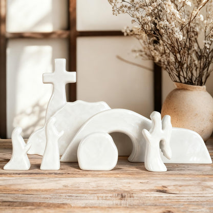 NEROSUN Empty Tomb Easter Scene and Cross Decoration, Wooden Easter Resurrection Scene Cross Jesus Tomb Tray Set, Jesus Nativity Scene Decor for Religious Home Office Tabletop Christian Gifts
