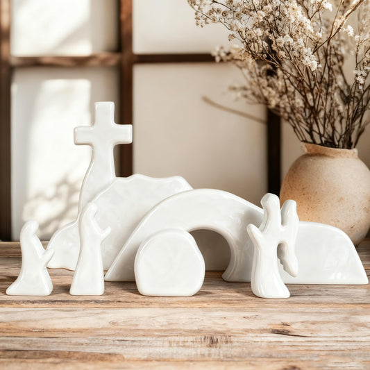 NEROSUN Empty Tomb Easter Scene and Cross Decoration, Wooden Easter Resurrection Scene Cross Jesus Tomb Tray Set, Jesus Nativity Scene Decor for Religious Home Office Tabletop Christian Gifts