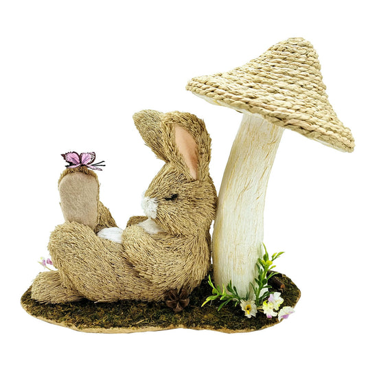 naturevibe 8.9 Inches Sisal Easter Bunny Decor on Carrot Seesaw, Natural Straw Easter Decorations Bunny Figurine on Moss Meadow as Spring Decor