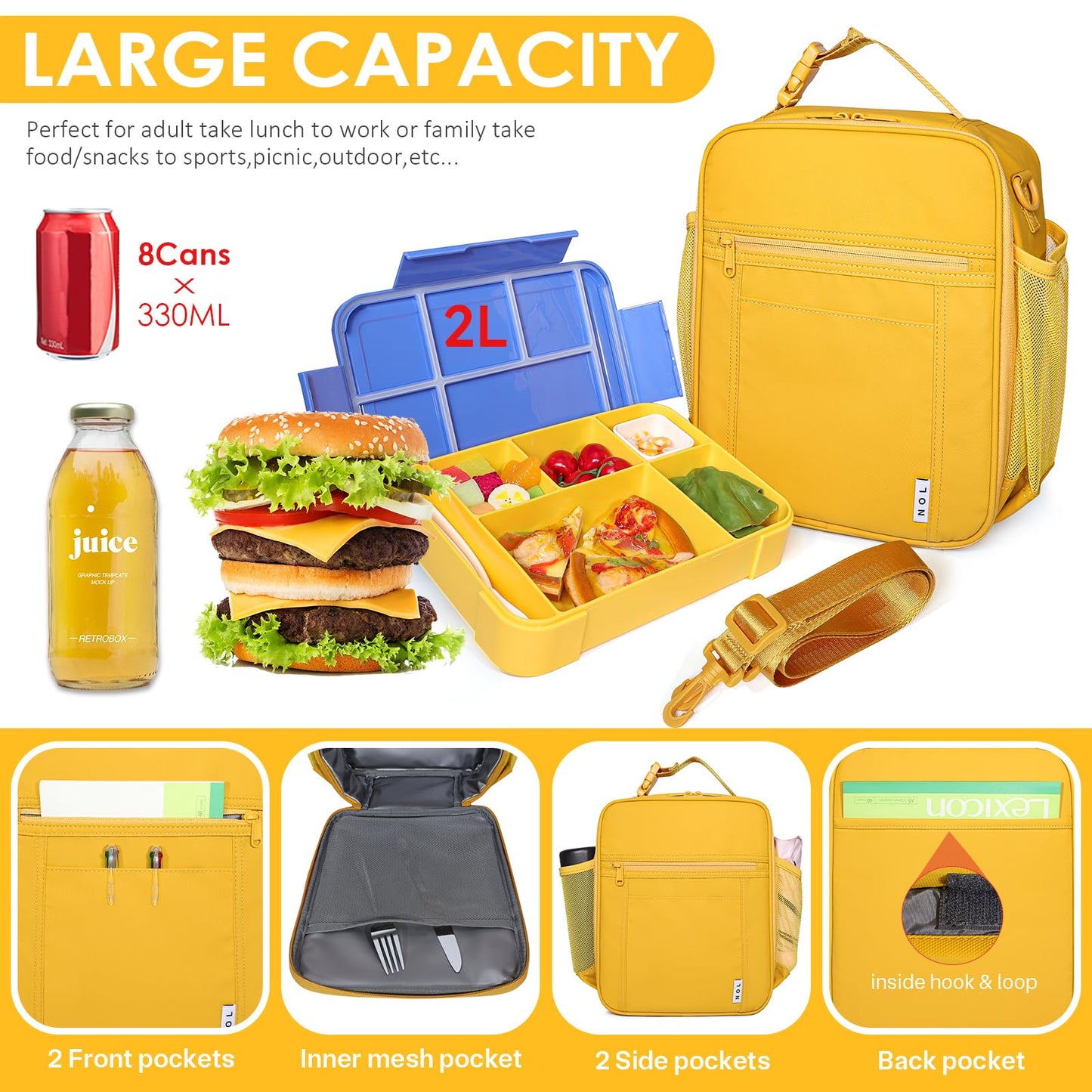 NOL Nylon Waterproof Kids Lunch Bag, Insulated Lunch Bag, Lunch box Cooler, Reusable, Zip Closure with Buckle Handle Holds Lunch Box, Snacks & Water Bottle for School Work, Cream