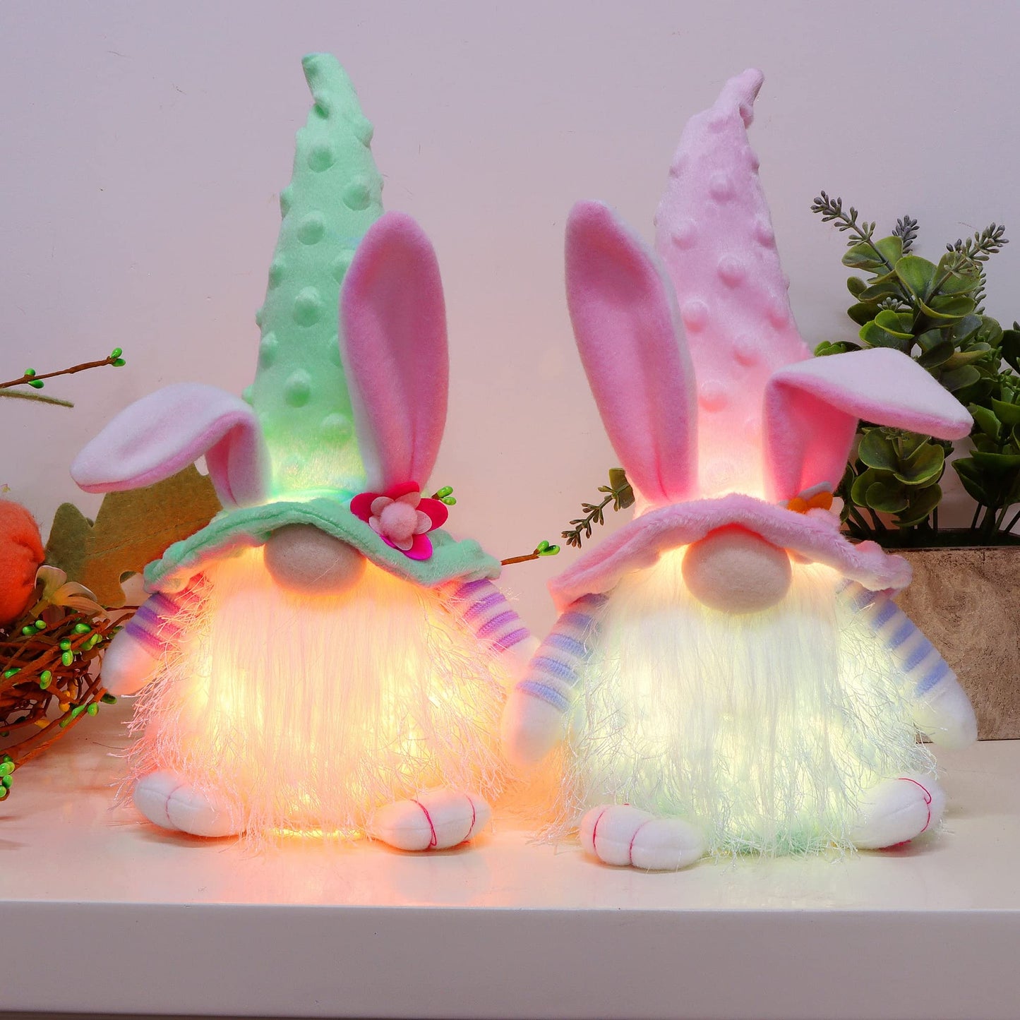 Juegoal 2 Pack Lighted Bunny Easter Gnome, 11" Handmade Scandinavian Swedish Tomte, Light Up Elf Easter Present, Battery Operated Rabbit Gifts Spring Tabletop Holiday Decorations