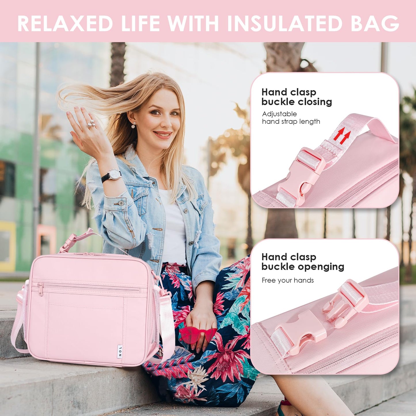 NOL Nylon Waterproof Kids Lunch Bag, Insulated Lunch Bag, Lunch box Cooler, Reusable, Zip Closure with Buckle Handle Holds Lunch Box, Snacks & Water Bottle for School Work, Cream