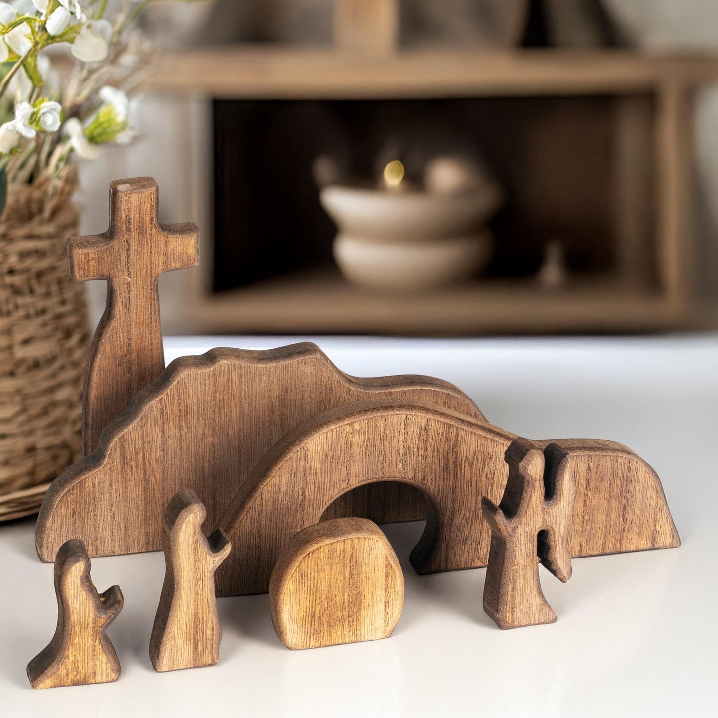 NEROSUN Empty Tomb Easter Scene and Cross Decoration, Wooden Easter Resurrection Scene Cross Jesus Tomb Tray Set, Jesus Nativity Scene Decor for Religious Home Office Tabletop Christian Gifts