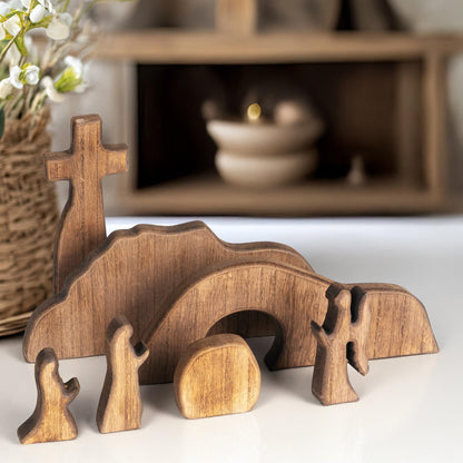 NEROSUN Empty Tomb Easter Scene and Cross Decoration, Wooden Easter Resurrection Scene Cross Jesus Tomb Tray Set, Jesus Nativity Scene Decor for Religious Home Office Tabletop Christian Gifts