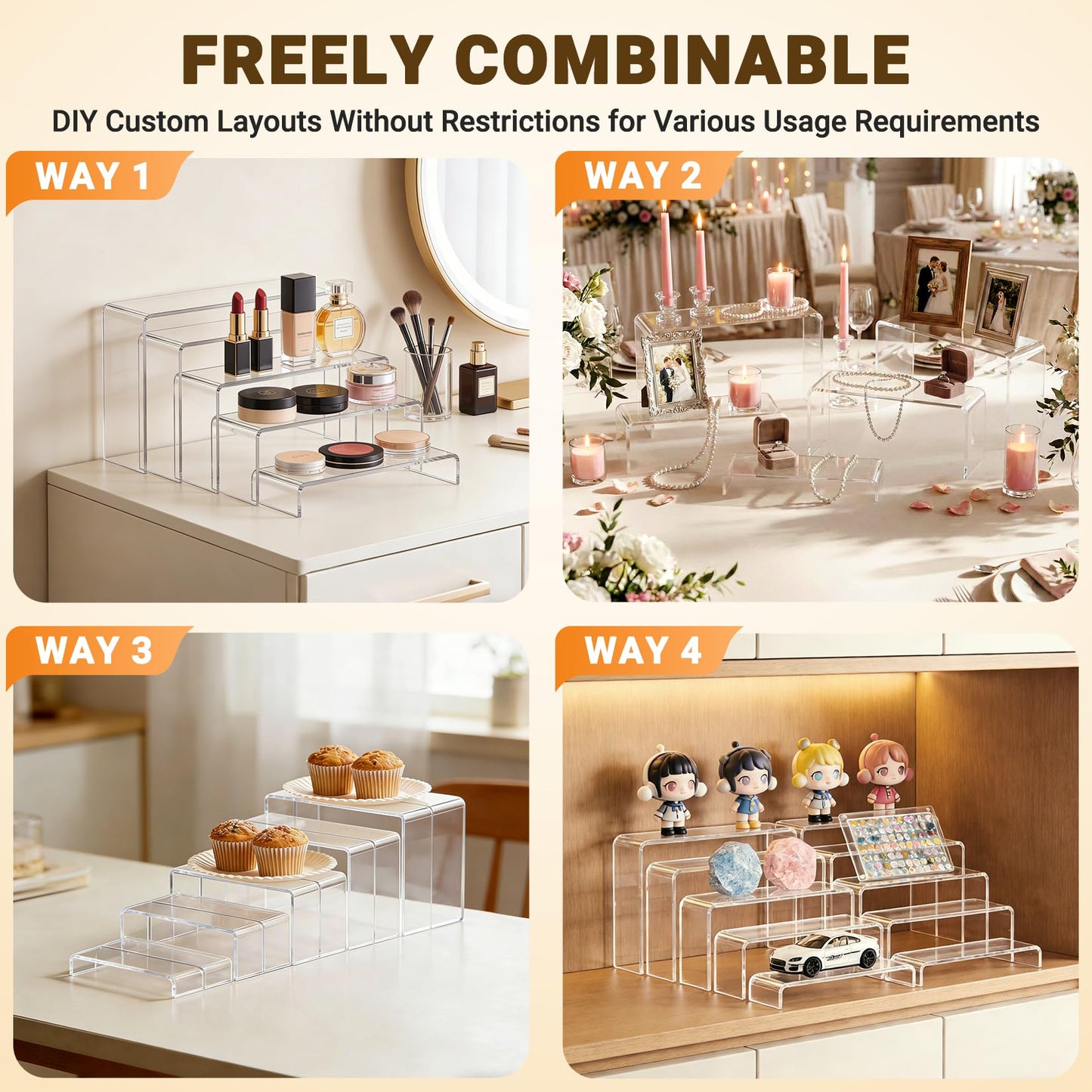 FUNFERY Acrylic Display Risers,2 Sets(7.8" L~8.2" L~8.6" L) Display Stand Shelf for Figure,Collectibles,Cupcake,Clear Acrylic Risers for Displays Case Cabinet,Dessert Table,Shelf Riser for Decor,Food
