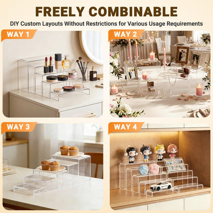 FUNFERY Acrylic Display Risers,2 Sets(7.8" L~8.2" L~8.6" L) Display Stand Shelf for Figure,Collectibles,Cupcake,Clear Acrylic Risers for Displays Case Cabinet,Dessert Table,Shelf Riser for Decor,Food