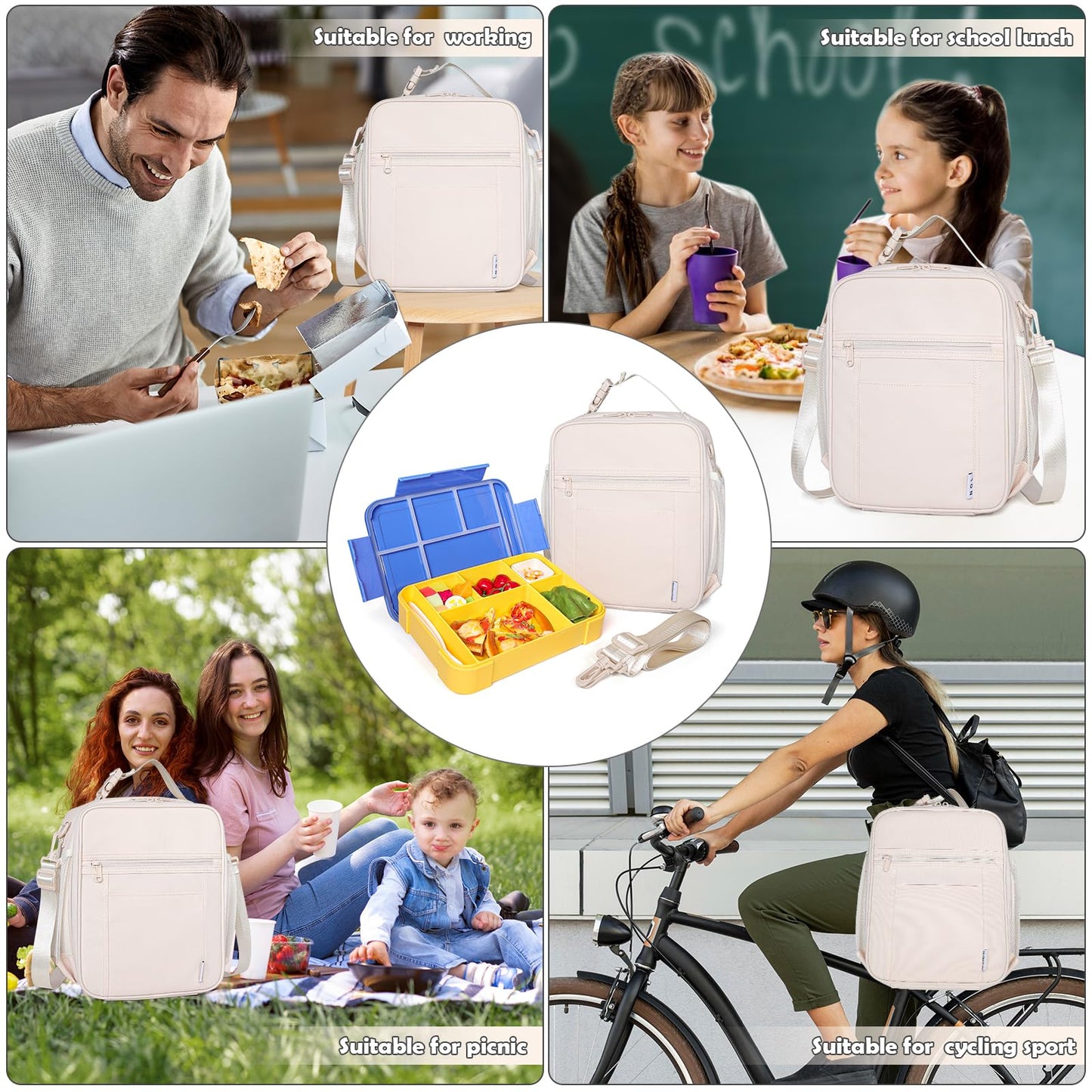 NOL Nylon Waterproof Kids Lunch Bag, Insulated Lunch Bag, Lunch box Cooler, Reusable, Zip Closure with Buckle Handle Holds Lunch Box, Snacks & Water Bottle for School Work, Cream