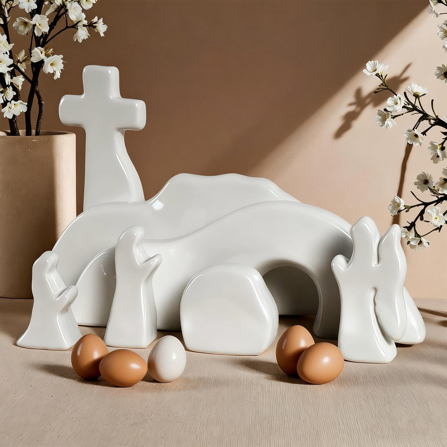 NEROSUN Empty Tomb Easter Scene and Cross Decoration, Wooden Easter Resurrection Scene Cross Jesus Tomb Tray Set, Jesus Nativity Scene Decor for Religious Home Office Tabletop Christian Gifts