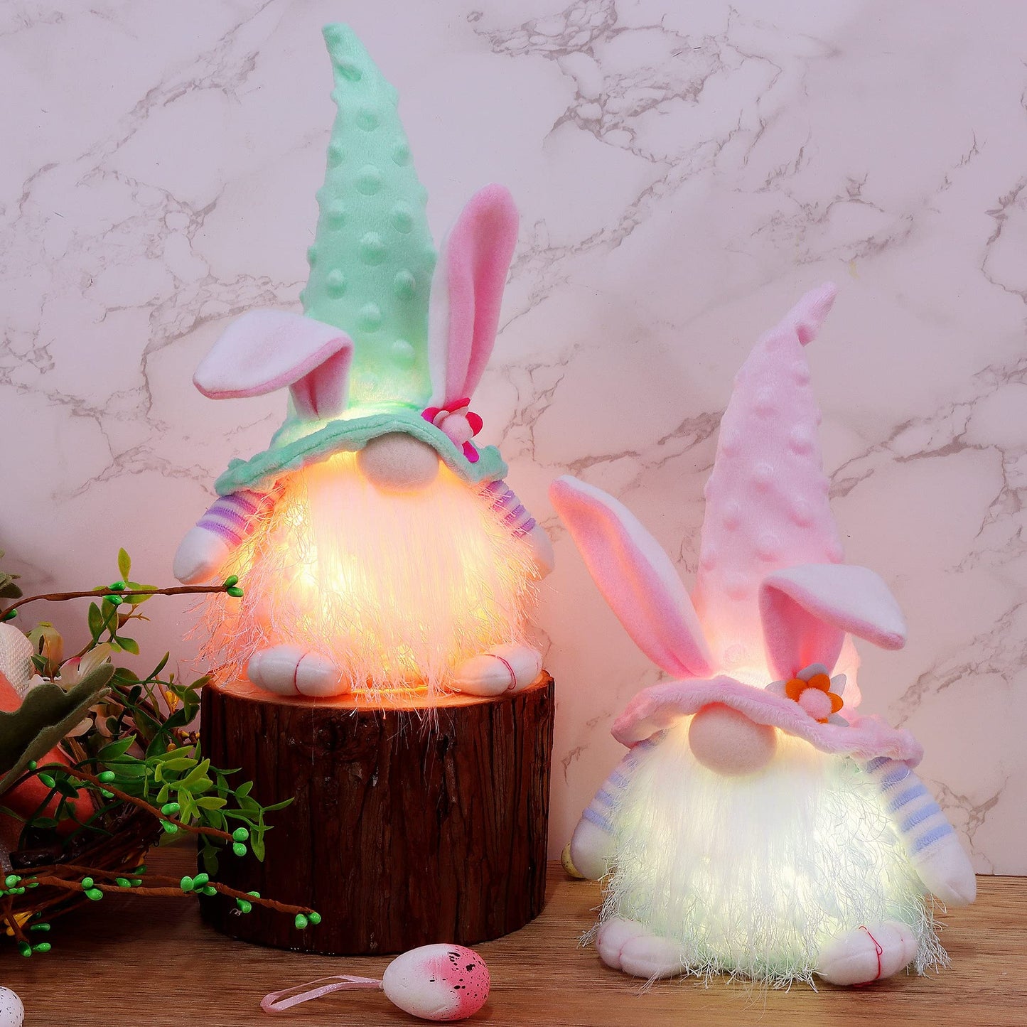 Juegoal 2 Pack Lighted Bunny Easter Gnome, 11" Handmade Scandinavian Swedish Tomte, Light Up Elf Easter Present, Battery Operated Rabbit Gifts Spring Tabletop Holiday Decorations