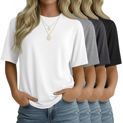 4 Pack Women's Half Sleeve T Shirts 1/2 Sleeve Basic Crew Neck Tops Elbow Length Casual Loose Fit Summer Tees