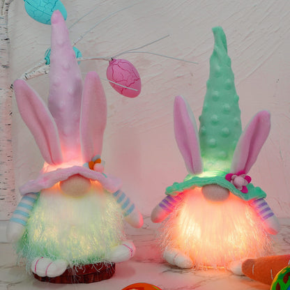 Juegoal 2 Pack Lighted Bunny Easter Gnome, 11" Handmade Scandinavian Swedish Tomte, Light Up Elf Easter Present, Battery Operated Rabbit Gifts Spring Tabletop Holiday Decorations