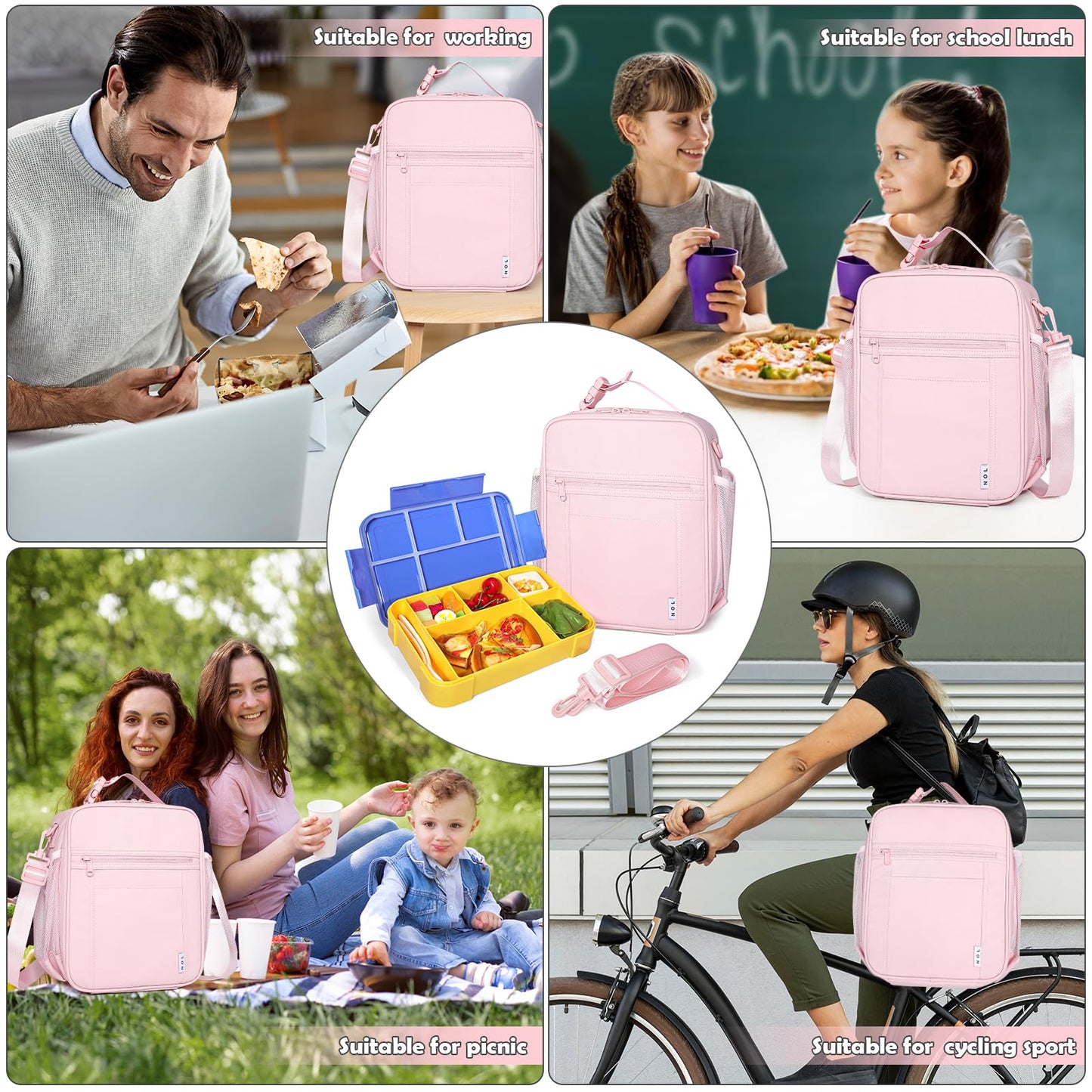 NOL Nylon Waterproof Kids Lunch Bag, Insulated Lunch Bag, Lunch box Cooler, Reusable, Zip Closure with Buckle Handle Holds Lunch Box, Snacks & Water Bottle for School Work, Cream