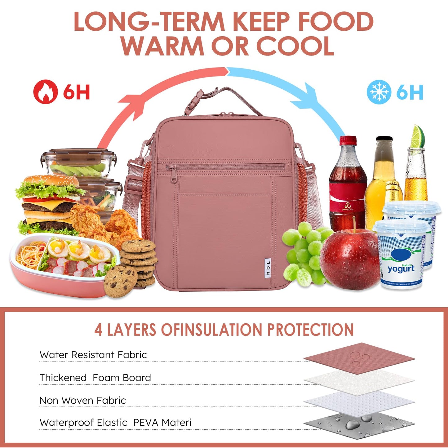 NOL Nylon Waterproof Kids Lunch Bag, Insulated Lunch Bag, Lunch box Cooler, Reusable, Zip Closure with Buckle Handle Holds Lunch Box, Snacks & Water Bottle for School Work, Cream