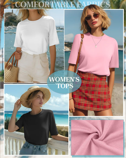 4 Pack Women's Half Sleeve T Shirts 1/2 Sleeve Basic Crew Neck Tops Elbow Length Casual Loose Fit Summer Tees