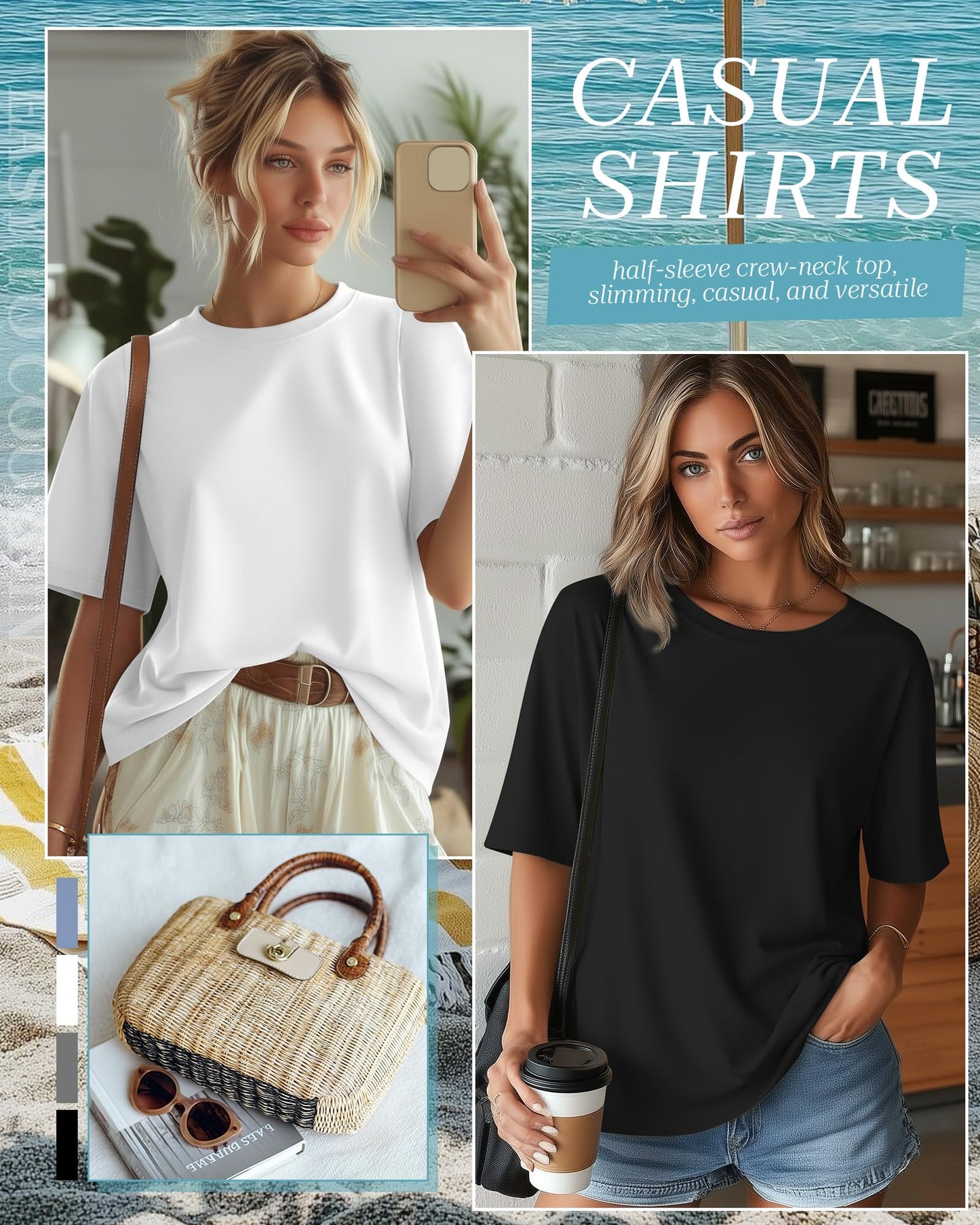 4 Pack Women's Half Sleeve T Shirts 1/2 Sleeve Basic Crew Neck Tops Elbow Length Casual Loose Fit Summer Tees