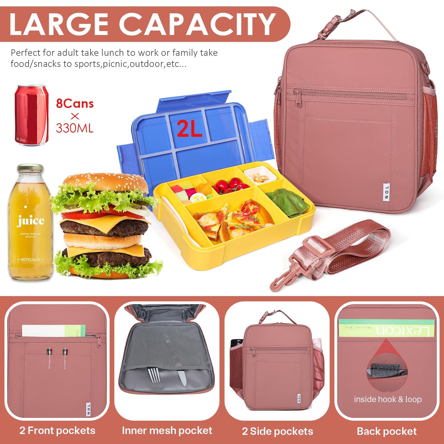 NOL Nylon Waterproof Kids Lunch Bag, Insulated Lunch Bag, Lunch box Cooler, Reusable, Zip Closure with Buckle Handle Holds Lunch Box, Snacks & Water Bottle for School Work, Cream
