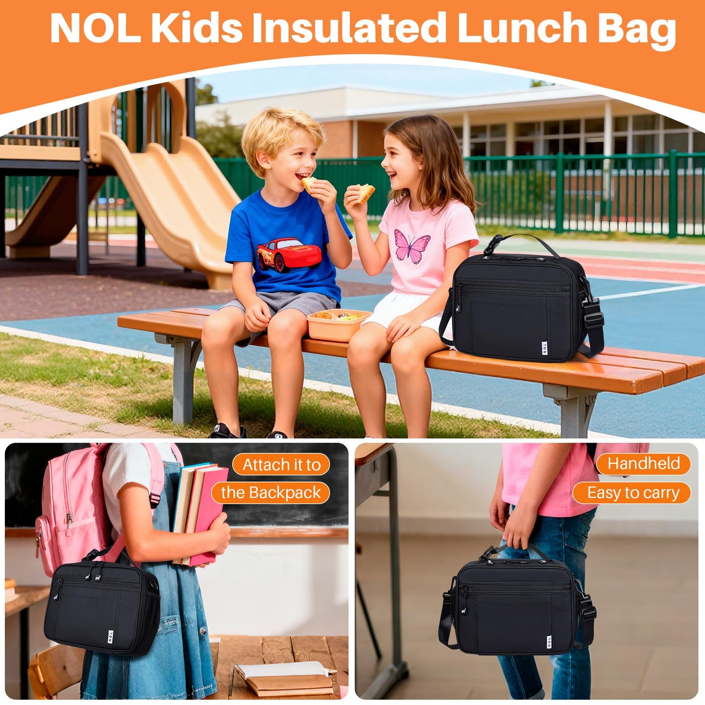 NOL Nylon Waterproof Kids Lunch Bag, Insulated Lunch Bag, Lunch box Cooler, Reusable, Zip Closure with Buckle Handle Holds Lunch Box, Snacks & Water Bottle for School Work, Cream