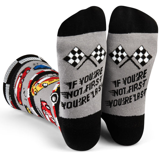 Lavley Racing Fan Socks - Funny race car and motorcycle gift for men, women and teens - One size fits most