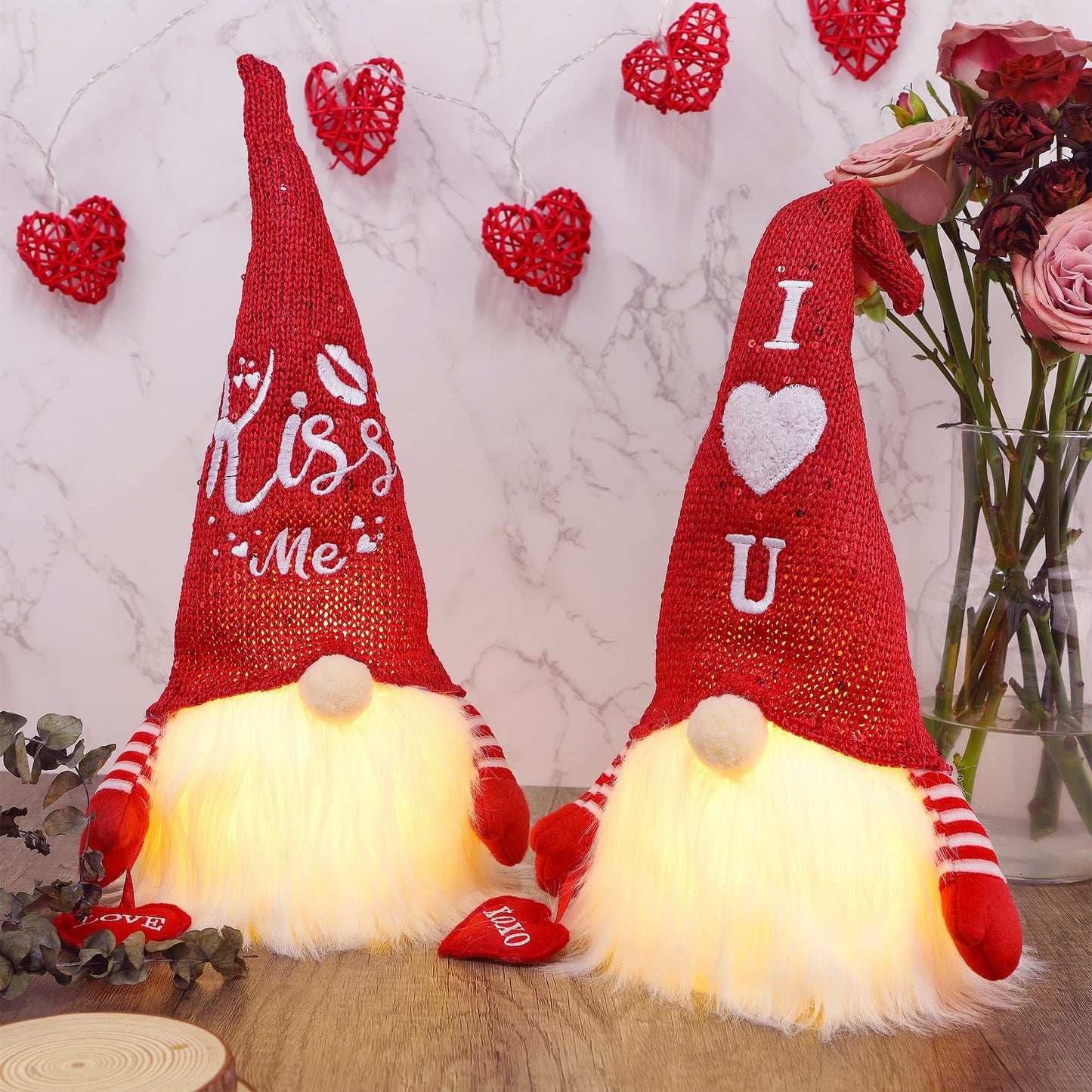 Juegoal 2 Pack Lighted Bunny Easter Gnome, 11" Handmade Scandinavian Swedish Tomte, Light Up Elf Easter Present, Battery Operated Rabbit Gifts Spring Tabletop Holiday Decorations